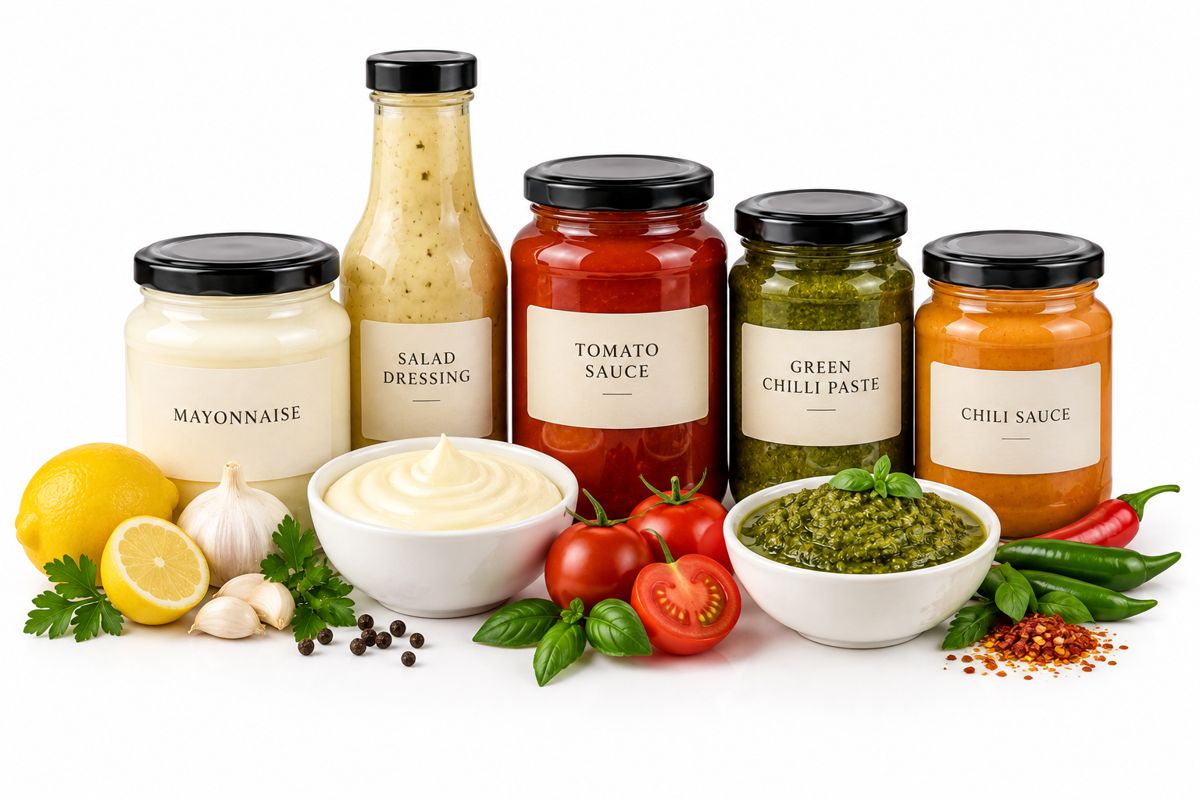 Jars of mayonnaise, salad dressing, tomato sauce, green chilli paste and chilli sauce